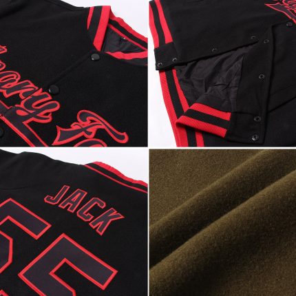 Custom Olive Red Cream Varsity Letterman Jacket Full Snap Salute to Service Custom Olive Red-Cream Bomber Full-Snap Varsity