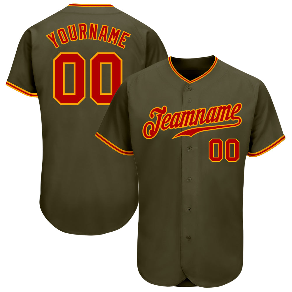 Olive Red-Gold Authentic Salute To Service Baseball Jersey - Custom Design for Fans Custom Olive Red-Gold Authentic Salute