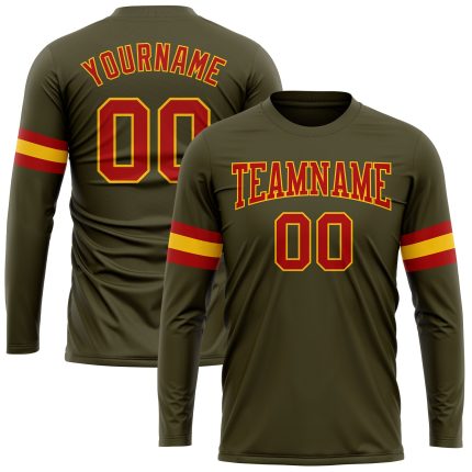 Custom Olive Red Gold Long Sleeve Performance T-Shirt for Salute to Service Custom Olive Red-Gold Long Sleeve Performance