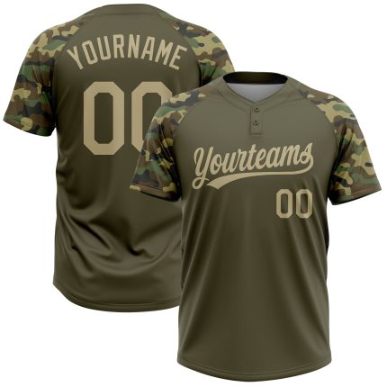 Custom Olive Gold Camo Salute to Service Softball Jersey Unisex Two-Button Custom Olive Vegas Gold-Camo Salute To Service