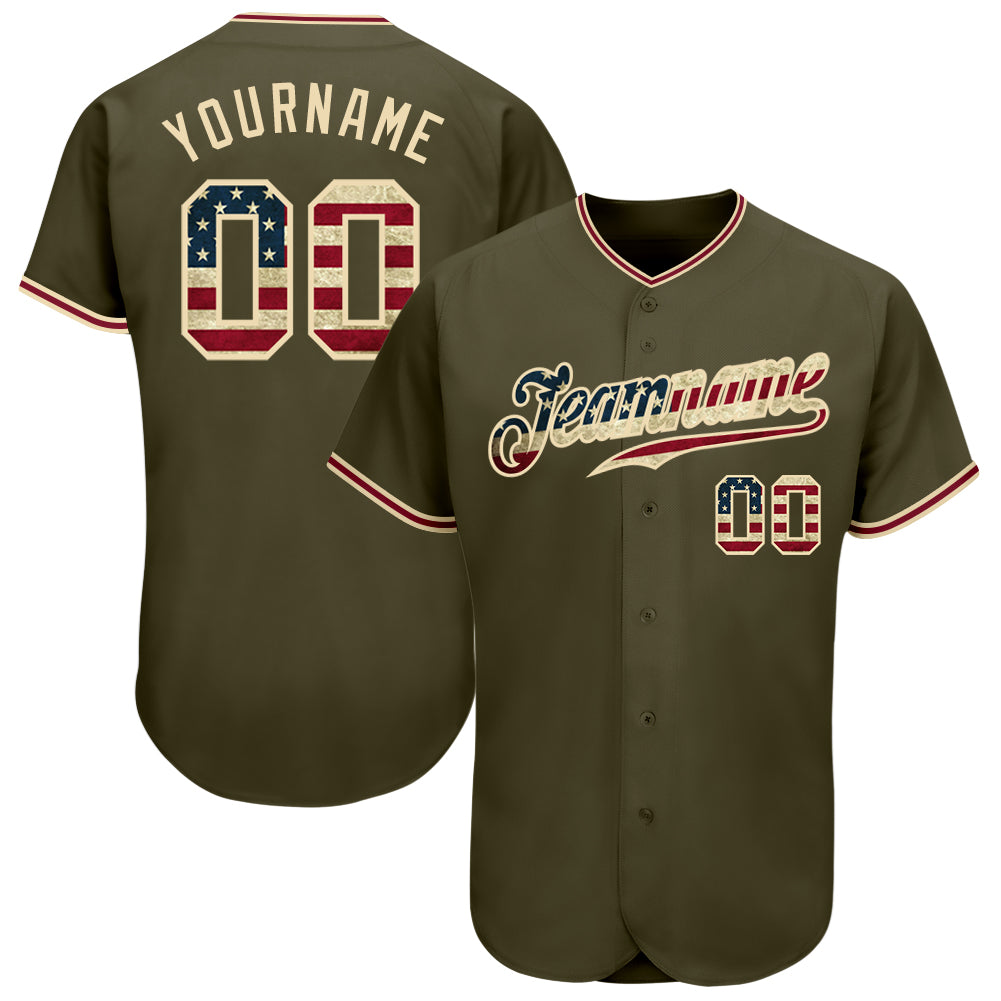 Custom Vintage USA Flag Baseball Jersey - City Cream Authentic Salute to Service Custom Olive Vintage USA Flag-City Cream