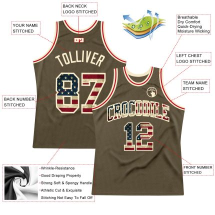 Custom Olive Vintage USA Flag Basketball Jersey - Authentic Salute To Service Throwback Custom Olive Vintage USA Flag-Cream
