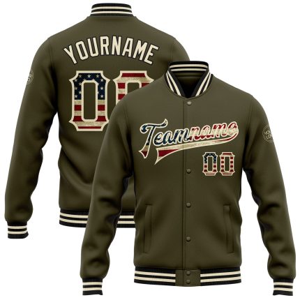 Vintage USA Flag Cream Black Bomber Jacket Custom Varsity Letterman Salute to Service Full Snap Custom Olive Vintage USA