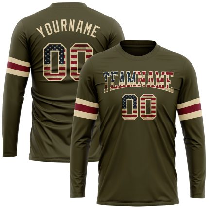 Custom Olive USA Vintage Flag Long Sleeve Performance T-Shirt - Salute to Service Cream Design Custom Olive Vintage USA Flag-Cream