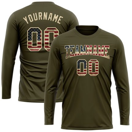 Custom Olive USA Vintage Flag Long Sleeve Performance T-Shirt - Salute to Service Cream Design Custom Olive Vintage USA Flag-Cream