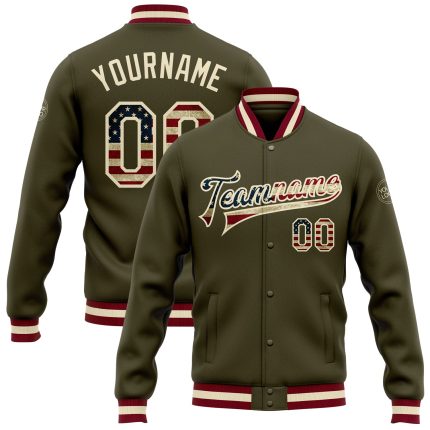 Vintage USA Flag Cream Maroon Bomber Varsity Letterman Jacket Custom Salute to Service Custom Olive Vintage USA Flag Cream-Maroon