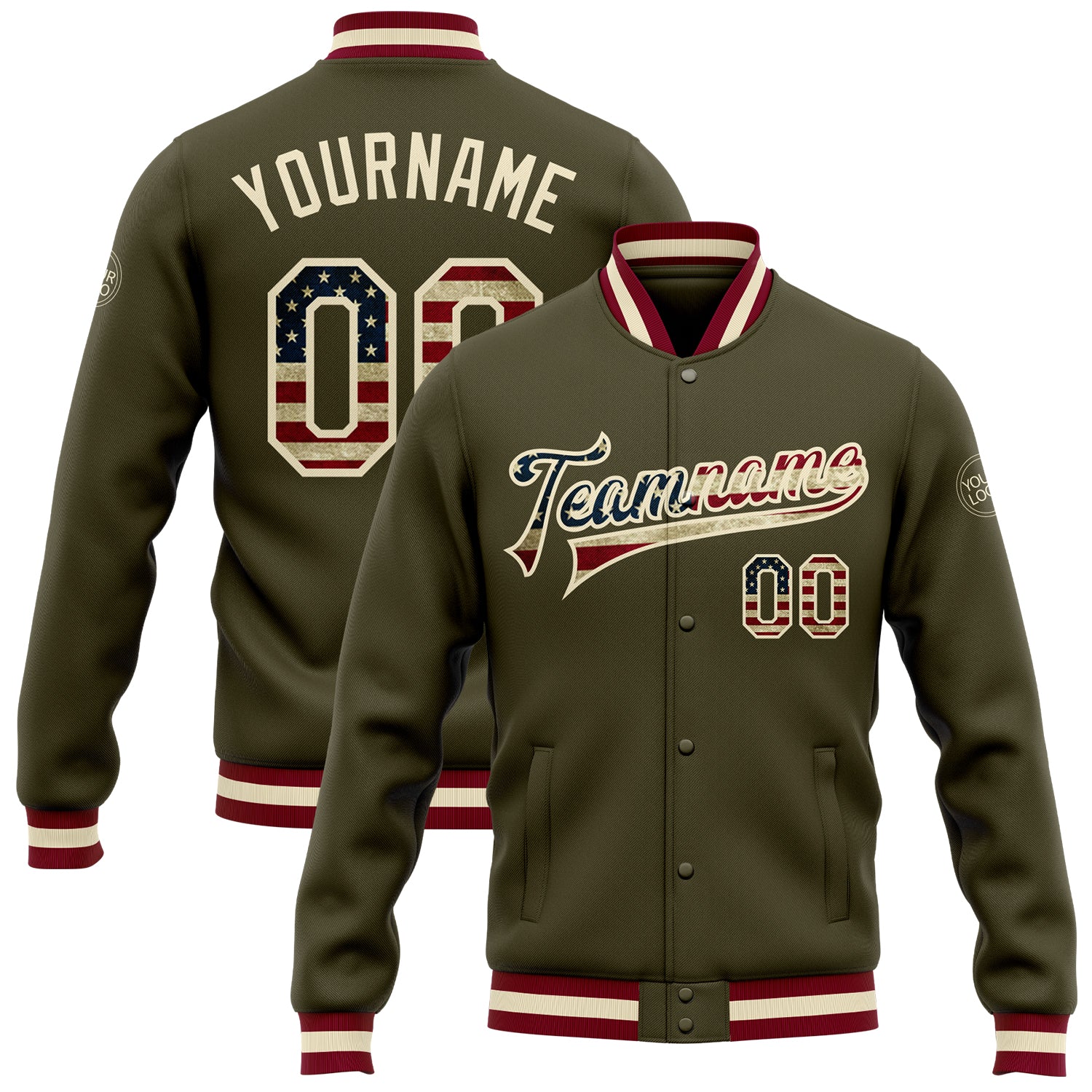 Vintage USA Flag Cream Maroon Bomber Varsity Letterman Jacket Custom Salute to Service Custom Olive Vintage USA Flag Cream-Maroon