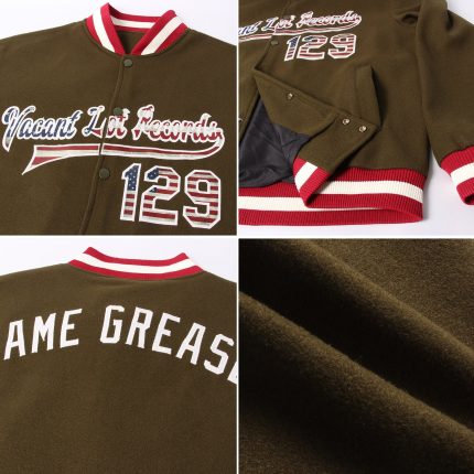 Vintage USA Flag Cream Maroon Bomber Varsity Letterman Jacket Custom Salute to Service Custom Olive Vintage USA Flag Cream-Maroon