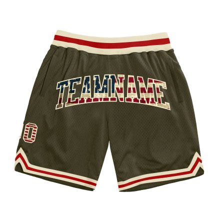 Vintage USA Flag Basketball Shorts Custom Olive Cream-Red Authentic Throwback Salute To Service Custom Olive Vintage USA
