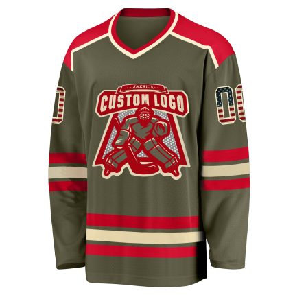 Custom Olive Vintage USA Flag Hockey Jersey - Cream Red Salute To Service Custom Olive Vintage USA Flag Cream-Red Salute