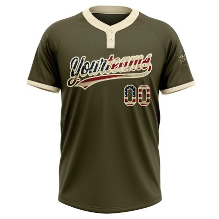 Custom Olive Vintage USA Flag Softball Jersey - Salute To Service Unisex Two-Button Cream Design Custom Olive Vintage USA