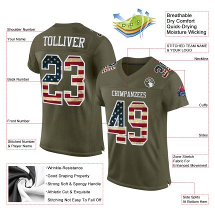 Custom USA Flag Olive Vintage Football Jersey White Mesh Salute to Service Custom Olive Vintage USA Flag-White Mesh Authentic