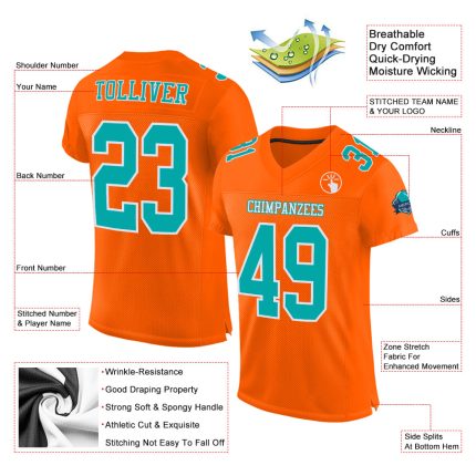 Custom Orange Aqua White Mesh Football Jersey - Authentic Sports Apparel Custom Orange Aqua-White Mesh Authentic Football