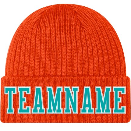 Custom Orange Knit Hat with Aqua-White Stitching, Cuffed Design Custom Orange Aqua-White Stitched Cuffed Knit Hat