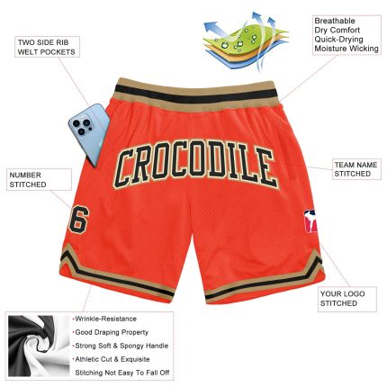 Authentic Throwback Basketball Shorts - Custom Orange Black Cream Old Gold Design Custom Orange Black Cream-Old Gold Authentic