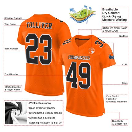 Custom Orange Black White Football Jersey - Authentic Mesh Design Custom Orange Black-White Mesh Authentic Football Jersey