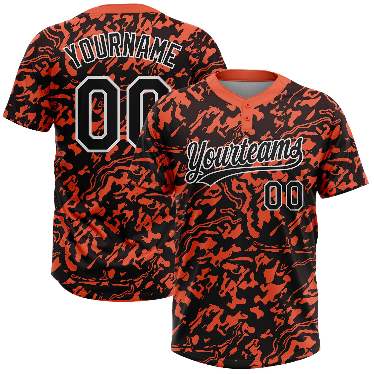 Custom Softball Jersey Unisex Two-Button Style 5019 - Orange Black-White Custom Orange Black-White Two-Button Unisex Softball