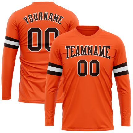 Custom Performance Long Sleeve T-Shirt in Orange Brown and White Custom Orange Brown-White Long Sleeve Performance T-Shirt