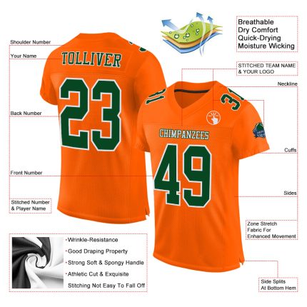 Custom Football Jersey - Authentic Orange Green White Mesh Design Custom Orange Green-White Mesh Authentic Football Jersey