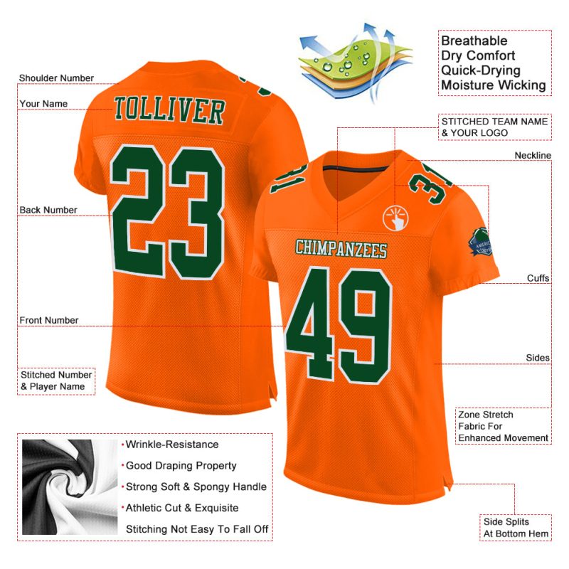 Custom Football Jersey - Authentic Orange Green White Mesh Design Custom Orange Green-White Mesh Authentic Football Jersey