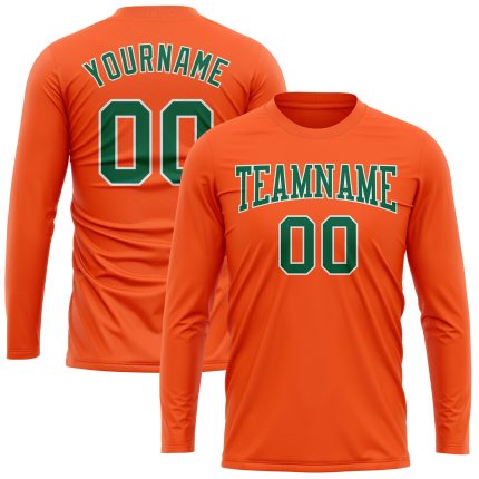 Custom Long Sleeve Performance T-Shirt in Orange Kelly Green and White Custom Orange Kelly Green-White Long Sleeve Performance