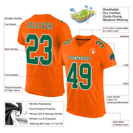 Custom Orange Kelly Green White Authentic Football Jersey - Mesh Design Custom Orange Kelly Green-White Mesh Authentic Football