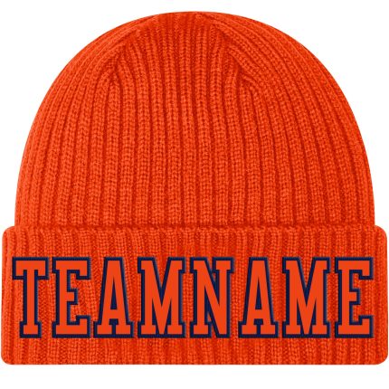 Custom Orange Navy Stitched Cuffed Knit Hat - Warm Winter Beanie for Men and Women Custom Orange Orange-Navy Stitched Cuffed