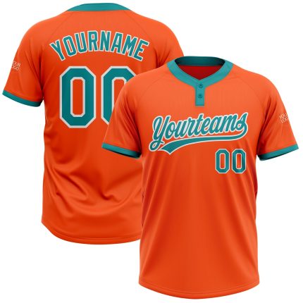 Unisex Softball Jersey - Custom Orange Teal-White Two-Button Design Custom Orange Teal-White Two-Button Unisex Softball Jersey