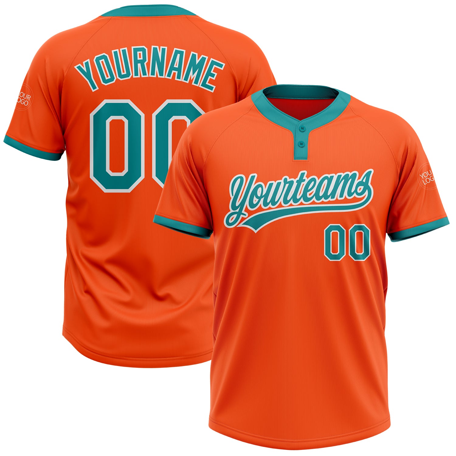 Unisex Softball Jersey - Custom Orange Teal-White Two-Button Design Custom Orange Teal-White Two-Button Unisex Softball Jersey