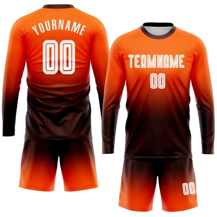 Custom Soccer Jersey Long Sleeve Fade Fashion in Orange White-Brown Sublimation Custom Orange White-Brown Sublimation Long