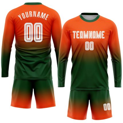 Custom Orange White-Green Fade Soccer Uniform Jersey Long Sleeve Sublimation Custom Orange White-Green Sublimation Long Sleeve