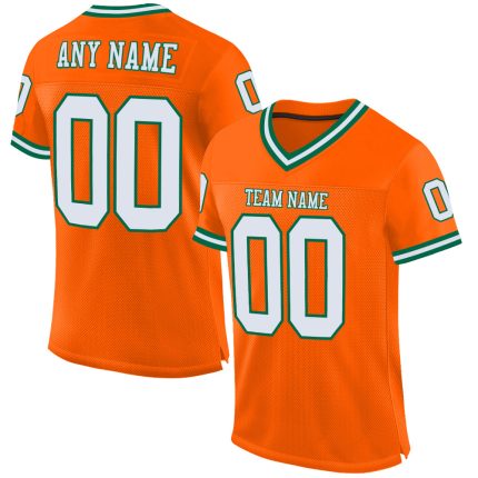 Custom Orange White Green Authentic Throwback Football Jersey - Mesh Design Custom Orange White-Kelly Green Mesh Authentic