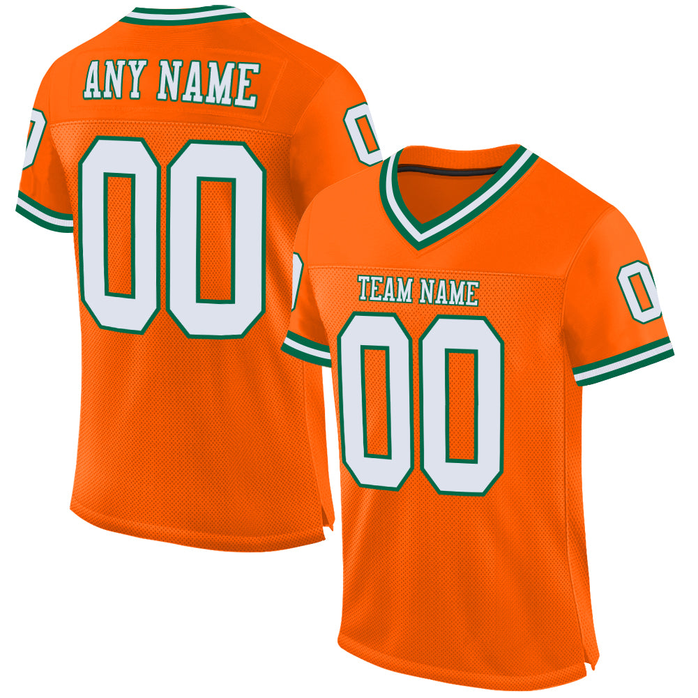 Custom Orange White Green Authentic Throwback Football Jersey - Mesh Design Custom Orange White-Kelly Green Mesh Authentic
