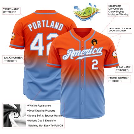 Authentic Fade Fashion Baseball Jersey in Custom Orange and Light Blue Custom Orange White-Light Blue Authentic Fade Fashion