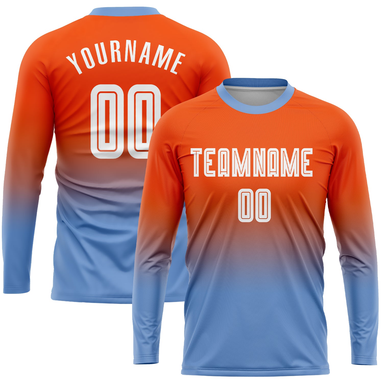 Custom Orange White-Light Blue Sublimation Long Sleeve Fade Fashion Soccer Uniform Jersey Custom Orange White Light Blue Fade Soccer Uniform Jersey Long Sleeve Sublimation Custom Orange White-Light Blue Sublimation