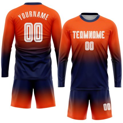 Custom Orange White Navy Soccer Jersey Long Sleeve Sublimation Fashion Uniform Custom Orange White-Navy Sublimation Long