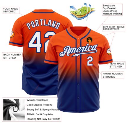 Custom Orange White-Royal Authentic Fade Fashion Baseball Jersey for Men and Women Custom Orange White-Royal Authentic Fade