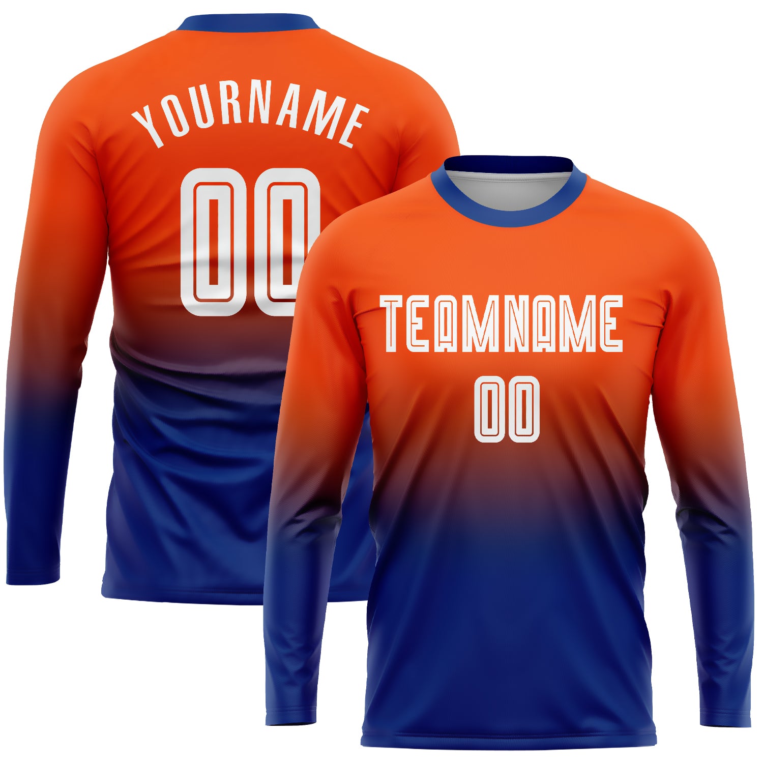 Custom Orange White-Royal Sublimation Long Sleeve Fade Fashion Soccer Uniform Jersey Custom Soccer Uniform Jersey Long Sleeve Fade Orange White-Royal Sublimation Design Custom Orange White-Royal Sublimation