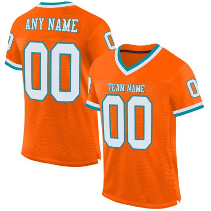 Custom Orange White Teal Football Jersey Authentic Mesh Throwback Design Custom Orange White-Teal Mesh Authentic Throwback