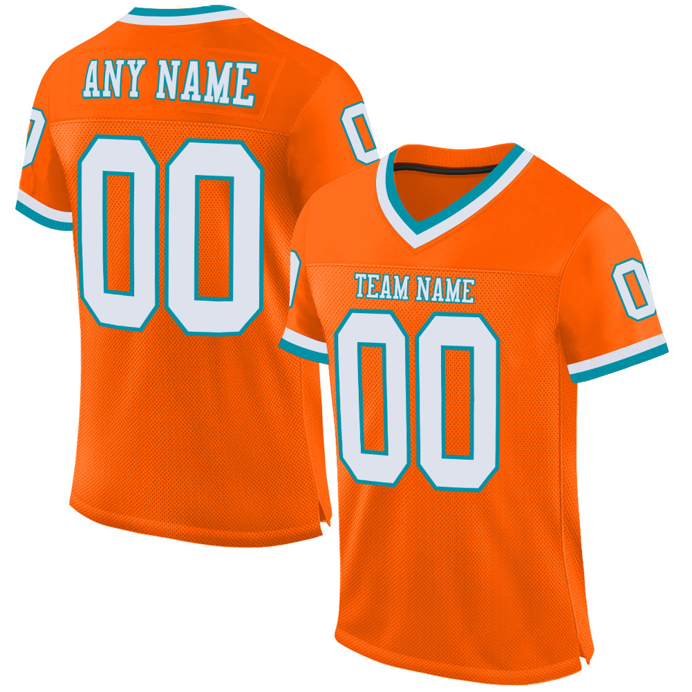 Custom Orange White Teal Football Jersey Authentic Mesh Throwback Design Custom Orange White-Teal Mesh Authentic Throwback
