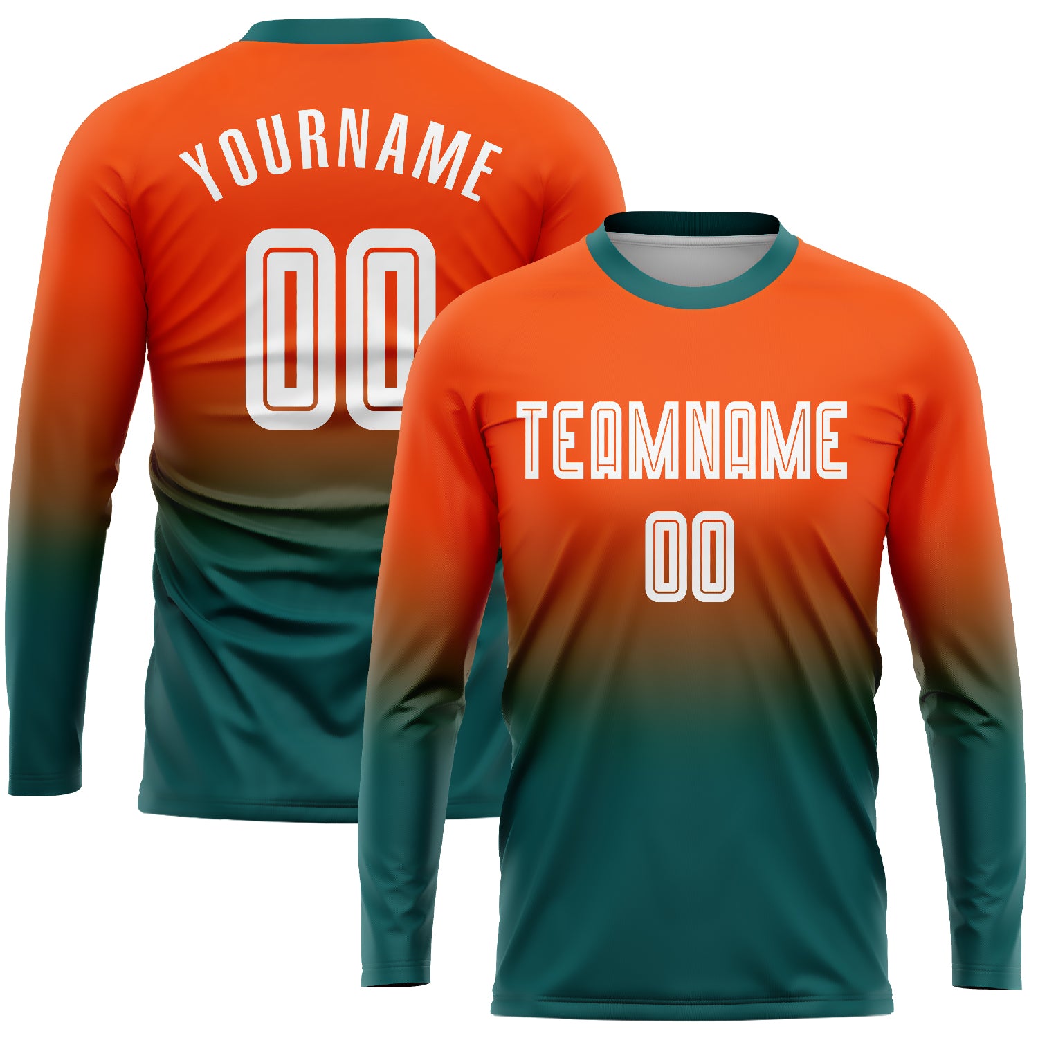 Custom Orange White Teal Soccer Jersey Sublimation Long Sleeve Fade Fashion Uniform Custom Orange White-Teal Sublimation