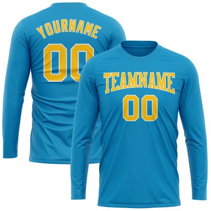 Custom Panther Blue Long Sleeve Performance T-Shirt - Gold and White Design for Men Custom Panther Blue Gold-White Long Sleeve