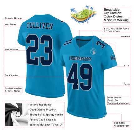Panther Blue Navy Gray Custom Authentic Football Jersey Mesh Design Custom Panther Blue Navy-Gray Mesh Authentic Football