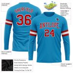 Custom Performance T-Shirt - Panther Blue with Red and White Long Sleeves Custom Panther Blue Red-White Long Sleeve Performance