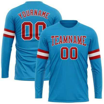 Custom Performance T-Shirt - Panther Blue with Red and White Long Sleeves Custom Panther Blue Red-White Long Sleeve Performance