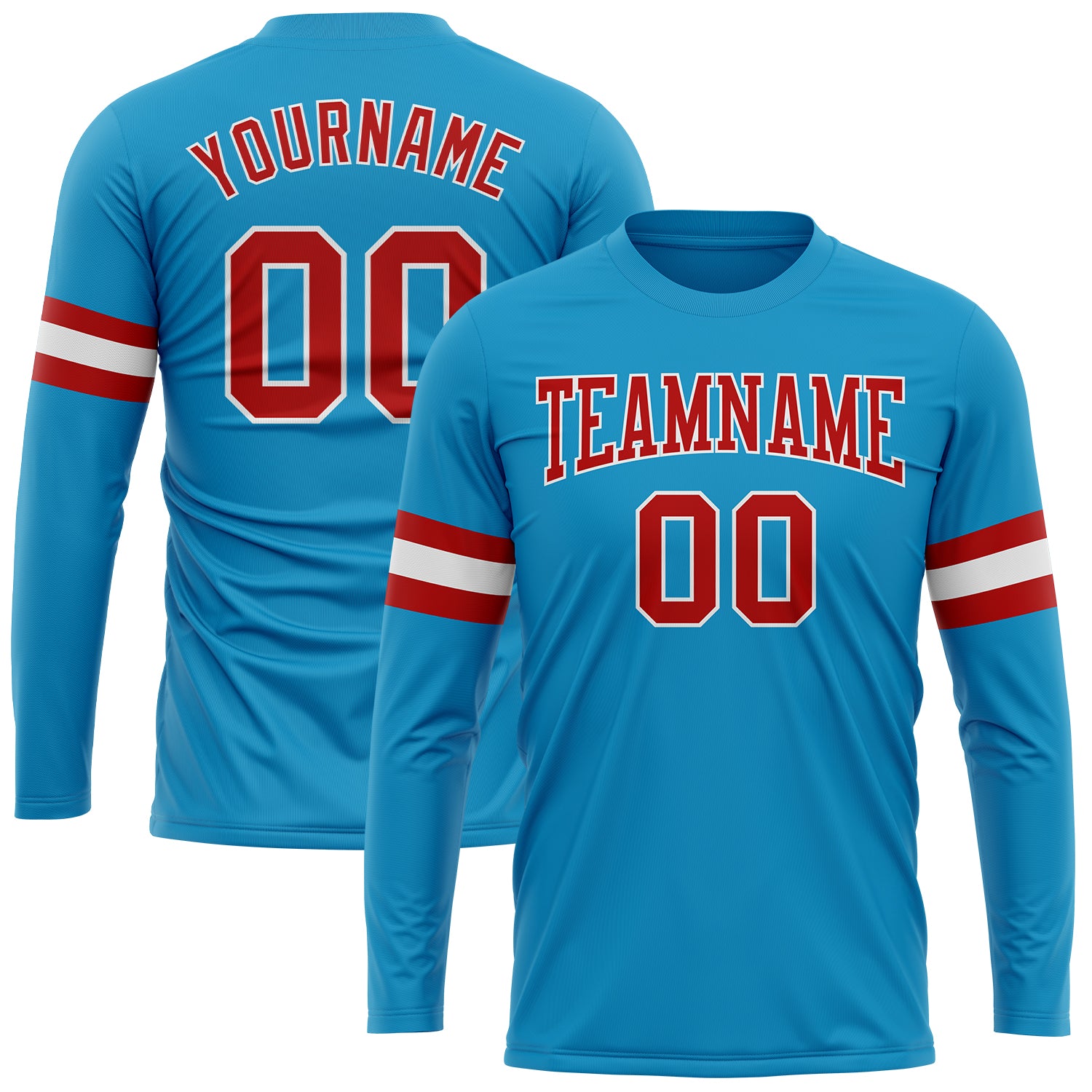 Custom Panther Blue Red-White Long Sleeve Performance T-Shirt Custom Performance T-Shirt - Panther Blue with Red and White Long Sleeves Custom Panther Blue Red-White Long Sleeve Performance