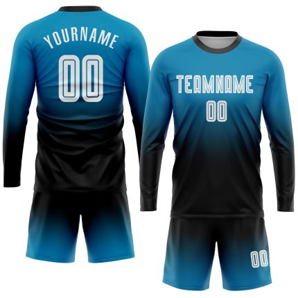 Panther Blue White Black Soccer Uniform Jersey - Custom Long Sleeve Fade Fashion Design Custom Panther Blue White-Black Sublimation