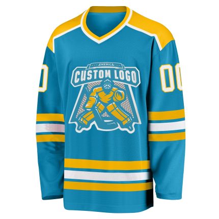 Custom Panther Blue Hockey Jersey with White Gold Accents - Personalized Sports Apparel Custom Panther Blue White-Gold Hockey