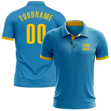 Custom Performance Golf Polo Shirt in Panther Blue and Yellow for Men Custom Panther Blue Yellow Performance Golf Polo Shirt