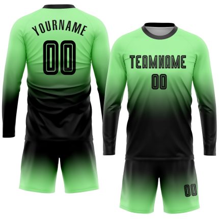 Custom Pea Green Black Soccer Jersey Long Sleeve Fade Fashion Sublimation Uniform Custom Pea Green Black Sublimation Long